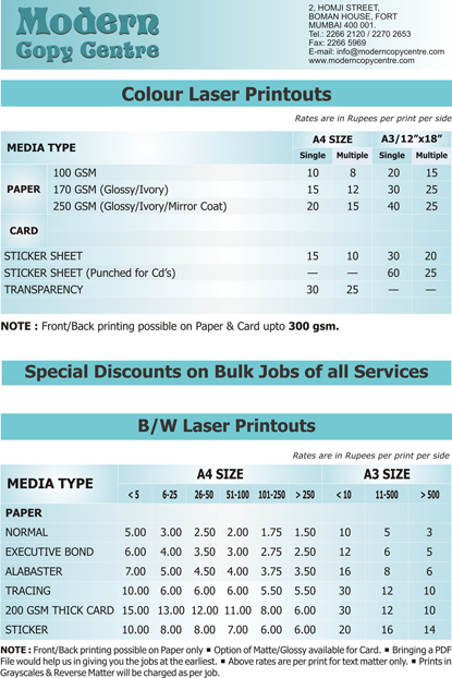 Colour Laser Printouts, B / W Laser Printouts