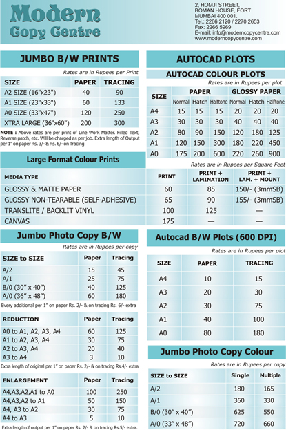 Autocad Colour Plots, Autocad B/W Plots (600 DPI), Jumbo B/W Prints,   Large format colour prints, Jumbo Photo Copy Colour